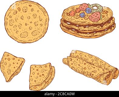 Ensemble de crêpes. Collection d'éléments isolés de dessins animés Doodle. Vacances à Shrovetide. Illustration vectorielle Illustration de Vecteur