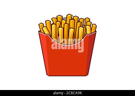 Frites pommes de terre savoureux fast food dans une boîte en carton rouge. Illustration de l'option repas à emporter à plat vectoriel isolée sur fond blanc Illustration de Vecteur