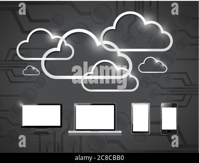 Illustration électronique et informatique en nuage sur fond noir Illustration de Vecteur