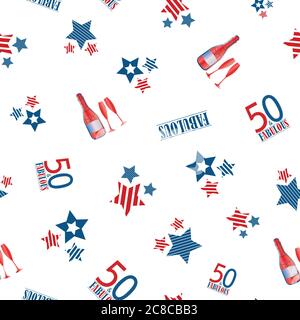 Cinquante et fabuleux fond de motif vectoriel sans couture. Rouge, bleu, blanc toile de fond avec typographie, étoiles rayées, bouteilles de champagne, verres. Americana Illustration de Vecteur