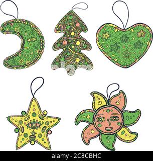 Ensemble de décoration de Noël pour arbre de noël - étoile, lune, soleil, coeur et arbre de noël. Collection d'art psychédélique. Illustration vectorielle Illustration de Vecteur