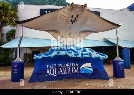 Tampa, Floride, Etats-Unis - 11 janvier 2020 : sculpture de rayon Larga manta à l'entrée de l'Aquarium de Floride, qui abrite plus de 7,000 plantes aquatiques et Banque D'Images