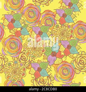 Doodle esquisse des fleurs de mandala sur le fond jaune. Dessin animé Illustration de Vecteur