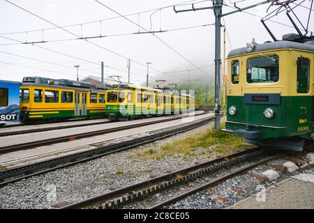 Kleine Scheidegg, Oberland bernois, Suisse - juillet 31 2019 : plusieurs trains de la Wengernalpbahn (WAB) dans la gare de Kleine Scheidegg Banque D'Images