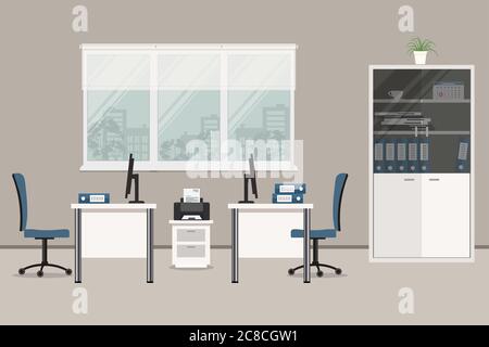 Intérieur de la salle de bureau. Il y a des bureaux, des chaises bleues, une armoire pour documents, une imprimante et d'autres objets dans la photo. Illustration vectorielle plate Illustration de Vecteur