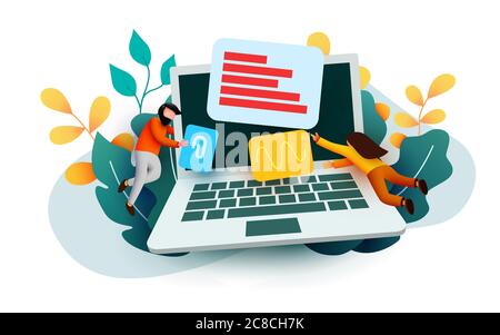 Les gens qui volent autour d'un grand ordinateur portable. Service informatique ou concept de développement. Page Web, bannière, présentation. Enquête en ligne avec personnages. Illustration vectorielle Illustration de Vecteur