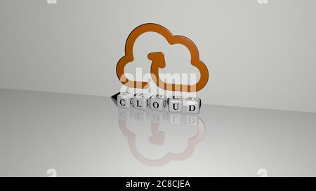 Représentation 3D du NUAGE avec icône sur le mur et texte disposé par des lettres métalliques cubes sur un sol miroir pour la signification du concept et la présentation du diaporama. Fond et bleu Banque D'Images