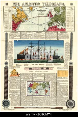 Carte graphique d'époque de bacon et carte de la route transatlantique Telegraph traversant l'océan Atlantique, 1865 Banque D'Images