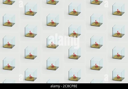 Une chaise unique derrière le motif des murs en verre. Covid 19 social distancer l'isolement sans couture de modèle comme une nouvelle norme. Gérer la bannière du concept de distance Banque D'Images