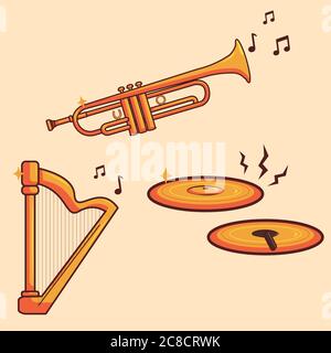 Ensemble vectoriel d'instruments de musique Gold. Trompette, Harp et cymbales Illustration Illustration de Vecteur