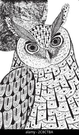 Owl et la lune. Dessin à l'encre pour colorier la page et le design. Râper Illustration de Vecteur