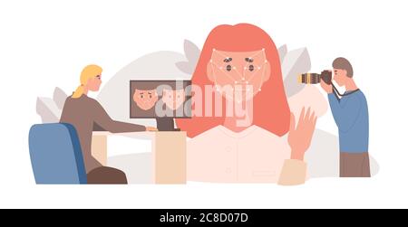 Reconnaissance faciale, système d'identification biométrique illustration vectorielle plate. Homme avec un appareil photo prendre une photo, femme de télécharger des photos sur l'ordinateur. Concept de cyber-protection, de détection d'identité. Illustration de Vecteur