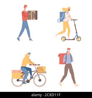 Coursiers avec boîtes et colis illustration vectorielle plate. Les jeunes hommes et femmes dans le visage protecteur masques d'expédition de marchandises ou de nourriture aux clients sur le vélo et le scooter. Concept de livraison en ligne rapide. Illustration de Vecteur