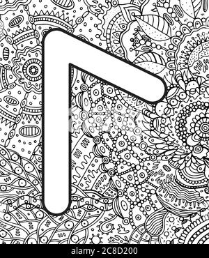 Ancienne rune scandinavique lagu avec arrière-plan de décoration de doodle. Page de coloriage pour adultes. Psychédélique fantastique oeuvre mystique. Illustration vectorielle Illustration de Vecteur