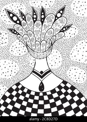 Illustration à l'encre dessinée à la main avec la fille surréaliste extraterrestre. Abstrait fantastique art vectoriel Illustration de Vecteur