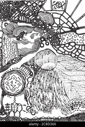 Texture des petits cercles et des anneaux. Encre Doodle psychédélique résumé arrière-plan art motif monochrome. Illustration vectorielle Illustration de Vecteur