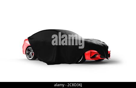 Nouvelle voiture cachée sous une couverture noire sur fond blanc : illustration 3D Banque D'Images