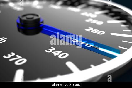 Gros plan d'un compteur de vitesse de voiture avec l'aiguille pointant à haute vitesse. Illustration 3D Banque D'Images