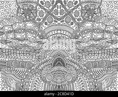 Contour tribal psychédélique fond symétrique. Magnifique décoration de dessin animé. Page de coloriage pour adultes. Illustration vectorielle Illustration de Vecteur