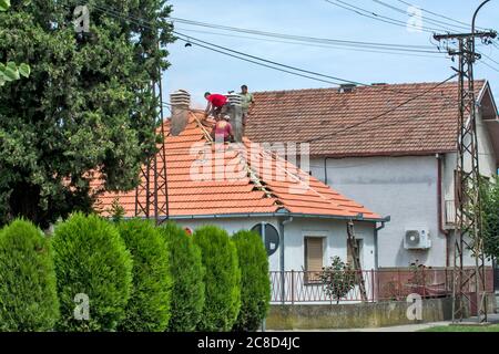 Zrenjanin, Serbie, 23 juillet 2020. Un groupe de maîtres travaille sur le toit d'une maison privée pour remplacer un vieux carrelage. Ils ont une belle journée et stable Banque D'Images