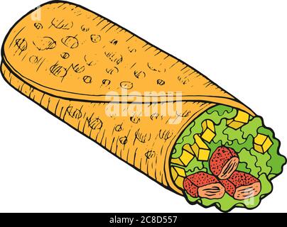 Burrito de cuisine mexicaine - croquis coloré. Illustrations à l'encre. Dessin animé à motif de caniche graphique illustration vectorielle Illustration de Vecteur