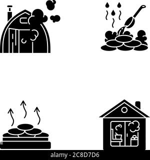 Types de sauna noir glyphe icônes sur l'espace blanc. Différentes salles de bains. Symboles silhouette du bain de vapeur, de la chaleur sèche, des saunas intérieur et extérieur. Finnois an Illustration de Vecteur