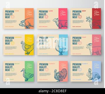 Lot plus grand d'étiquettes de viande et de volaille de qualité supérieure. Résumé Vector Labels Packaging Design. Typographie moderne et silhouette d'animaux dessinés à la main Illustration de Vecteur