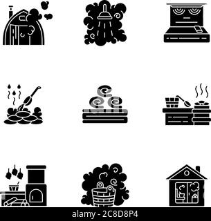 Icônes glyphes noires de la salle de bain sur l'espace blanc. Sauna finlandais, symboles de silhouette russe pour le bain à vapeur. Loisirs sains, passe-temps relaxant. Soin spa Illustration de Vecteur