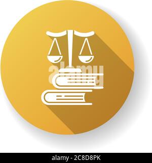 École de droit jaune plat design long ombre glyphe icône. Formation professionnelle en jurisprudence, système judiciaire. Procès judiciaire, justice. Balance à la mise Illustration de Vecteur