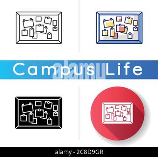 Icône du tableau d'affichage. Tableau de bord de salle de classe. Tableau d'affichage avec notes. Annonces. Messages publics de l'université et du collège. Noir linéaire et couleurs RVB Illustration de Vecteur