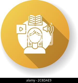Auto-éducation jaune plat design long ombre glyphe icône. Développement des compétences, développement personnel. Formation en ligne, cours de formation sur Internet. St. Étudiant Illustration de Vecteur