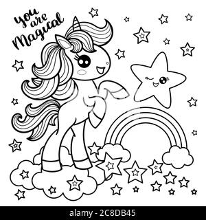 Vous êtes magique. Adorable, dessin animé unicorn avec un arc-en-ciel et des étoiles. Image en noir et blanc. Style Doodle. Pour la conception de tirages, affiches, cartes, coloriage b Illustration de Vecteur