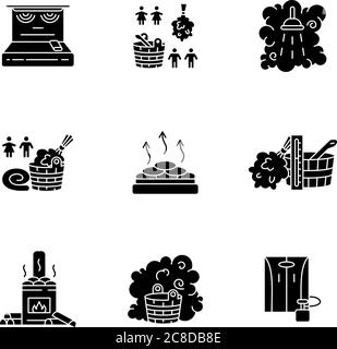 Traitement à la vapeur, icônes de glyphe noir définies sur un espace blanc. Culture du sauna finlandais et russe, symboles de silhouette de style de vie sain. Types de bain de vapeur et de bain de vapeur Illustration de Vecteur