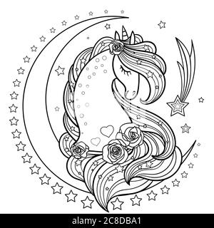 Image en noir et blanc d'une licorne. Avec une longue manie sur le fond de la lune. Vecteur Illustration de Vecteur