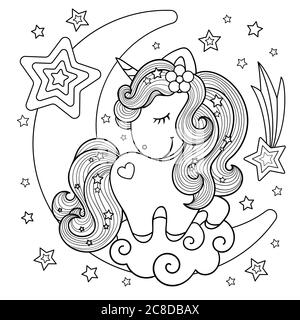 Mignon, dessin animé unicorn sur la lune. Noir et blanc. Dessiné à la main. Dessin pour enfants, pour les imprimés, les affiches, les livres à colorier, les autocollants, les cartes, etc. Illustration de Vecteur