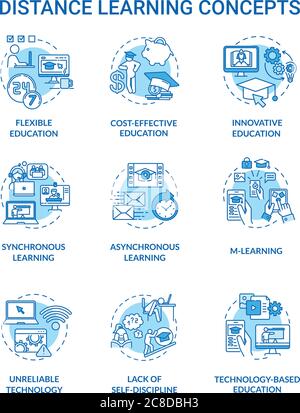 Jeu d'icônes de concept d'apprentissage à distance. Apprentissage synchrone et asynchrone. Technologie peu fiable. Illustrat couleur RVB fin pour l'enseignement à distance Illustration de Vecteur
