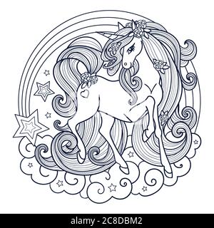 Belle licorne avec des nuages et un arc-en-ciel. Image linéaire en noir et blanc. Pour la conception de livres à colorier, imprimés, affiches, tatouages, badges, sticke Illustration de Vecteur