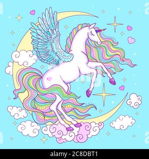 licorne blanche avec lune et nuages. Un animal mignon et fantastique. L'art pour les filles. Pour la conception de tirages, affiches, cartes de tatouage, etc. Illustration vectorielle Illustration de Vecteur