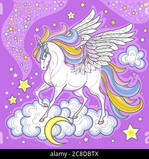 Une belle licorne blanche avec une forme arc-en-ciel parmi les nuages et les étoiles. Animal fantastique pour des imprimés, des affiches, des cartes postales, des autocollants, etc Vecto Illustration de Vecteur