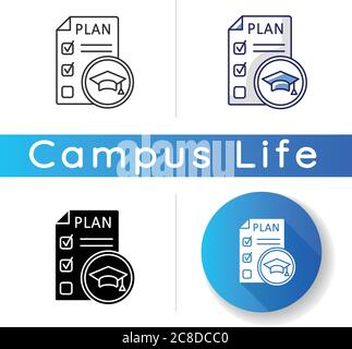 Icône de plan de cours. Liste des cours universitaires. Plan et programmes éducatifs. Vie universitaire. Transcription académique. Calendrier des cours. Noir linéaire et RVB c Illustration de Vecteur