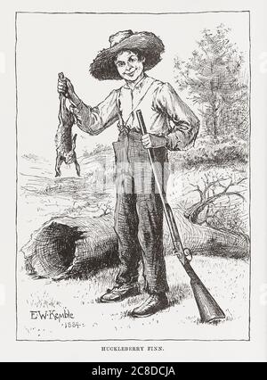 Huckleberry Finn, personnage fictif créé par l'auteur américain Mark Twain, qui apparaît dans les livres The Adventures of Tom Sawyer and Adventures of Huckleberry Finn et comme narrateur de Tom Sawyer à l'étranger et de Tom Sawyer, détective. Après une illustration de Huck par l'illustrateur américain Edward Winsor Kemble dans la première édition des aventures de Huckleberry Finn, 1885 Banque D'Images