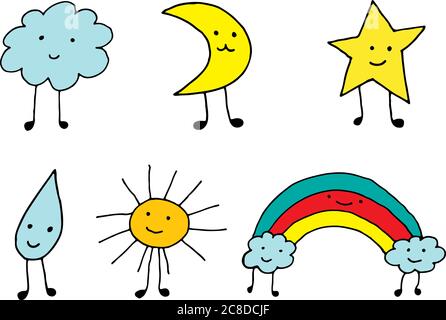 Icônes météo de Kawaii. Collection de dessins animés Doodle simple. Éléments colorés. Illustration vectorielle. Illustration de Vecteur