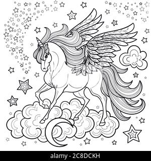 Une belle licorne parmi les étoiles et les nuages. Noir et blanc. Pour les livres à colorier, les affiches, les tirages, les cartes postales, etc. Illustration vectorielle Illustration de Vecteur