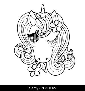 La tête d'une jolie licorne. Noir blanc. Animal fantaisie. Pour la conception de livres à colorier. Imprimés, affiches, cartes, autocollants, etc. .. Vecteur Illustration de Vecteur