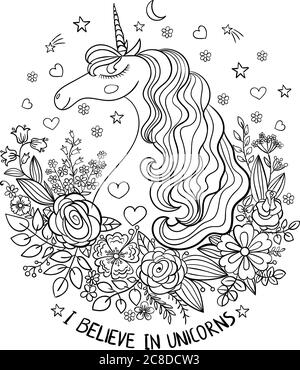 Je crois en licornes. La tête est une belle licorne parmi les fleurs. Animal fantastique. Tiré à la main. Noir et blanc. Pour la conception des tirages Illustration de Vecteur