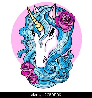 Tête d'une licorne blanche avec une manie bleue et des roses. Animal fantastique. Pour le tatouage. Imprimés. Affiches, cartes, etc. Illustration vectorielle Illustration de Vecteur