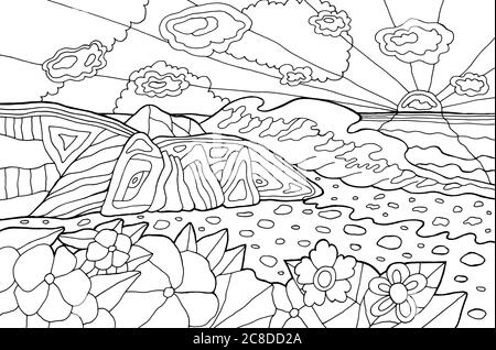 Illustration psychédélique avec paysage de bord de mer. Coucher de soleil sur l'océan. Page de coloriage pour les dessins au trait pour adultes. Œuvres d'art hippie 60s. Illustration vectorielle. Illustration de Vecteur