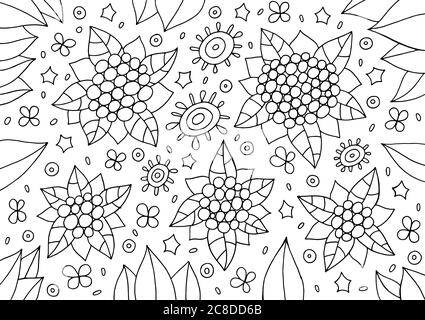 Décoration fleurie Doodle. Décrivez les fleurs et les feuilles abstraites. Page de coloriage caricaturiste pour adultes. Illustration vectorielle. Illustration de Vecteur