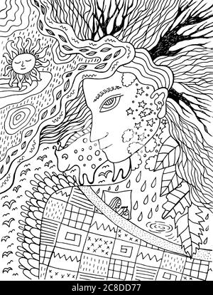 Jolie et confortable illustration avec l'esprit d'automne. Maquette surréaliste de ligne. Page de coloriage de conte de fées pour adultes.Illustration vectorielle. Illustration de Vecteur