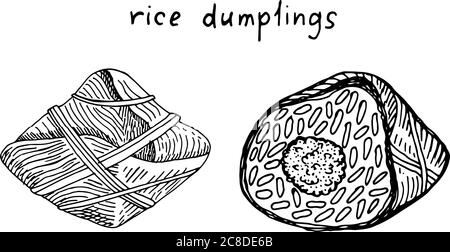 Zongzi - boulettes de riz. Cuisine chinoise. Esquissez une illustration en noir et blanc. Illustrations dessinées à la main. Illustration vectorielle Illustration de Vecteur